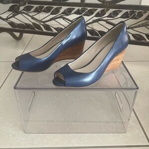 Cole Haan New Navy Blue Peep-Toe Wedge Shoes